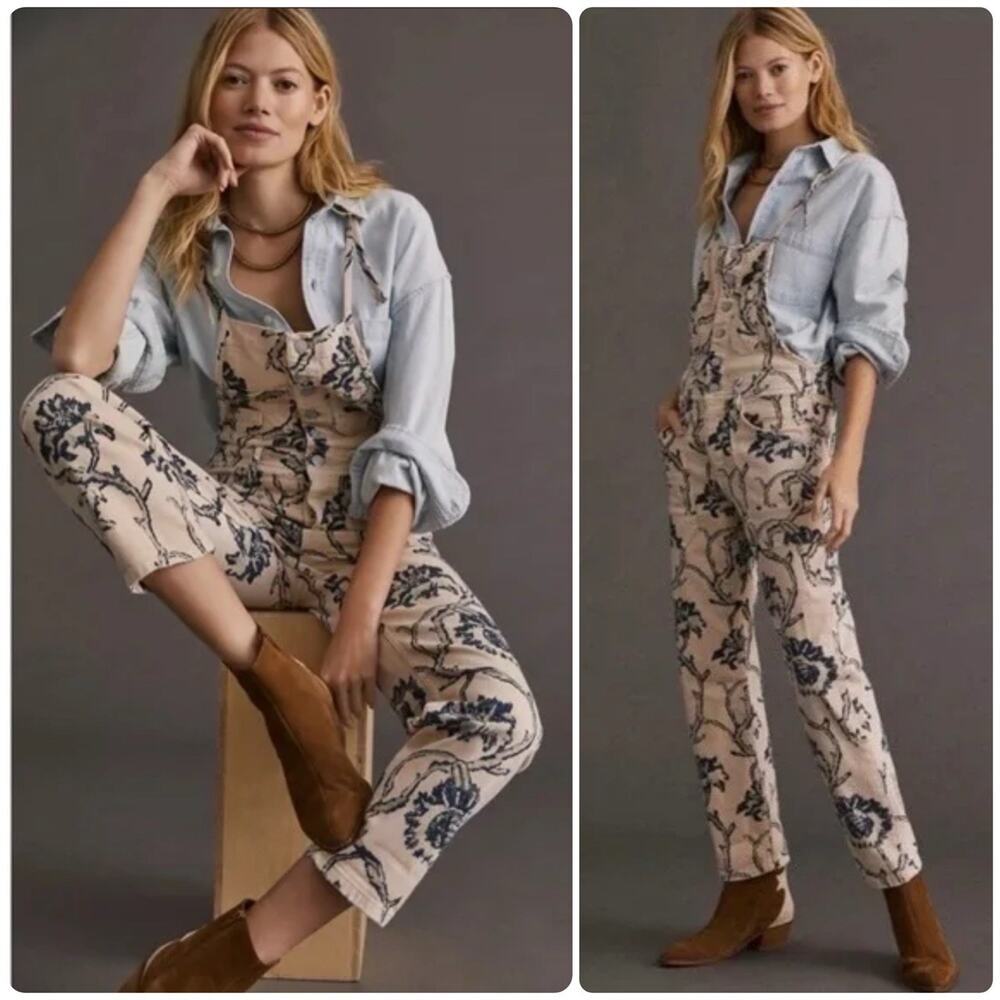 Anthropologie PILCRO The Painters Paisley Floral Soft Denim Overalls Sz 24 MINT